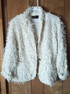 Vintage Kindred Spirit Ivory Shag Fringe Cotton Blazer Jacket Size Small Boho